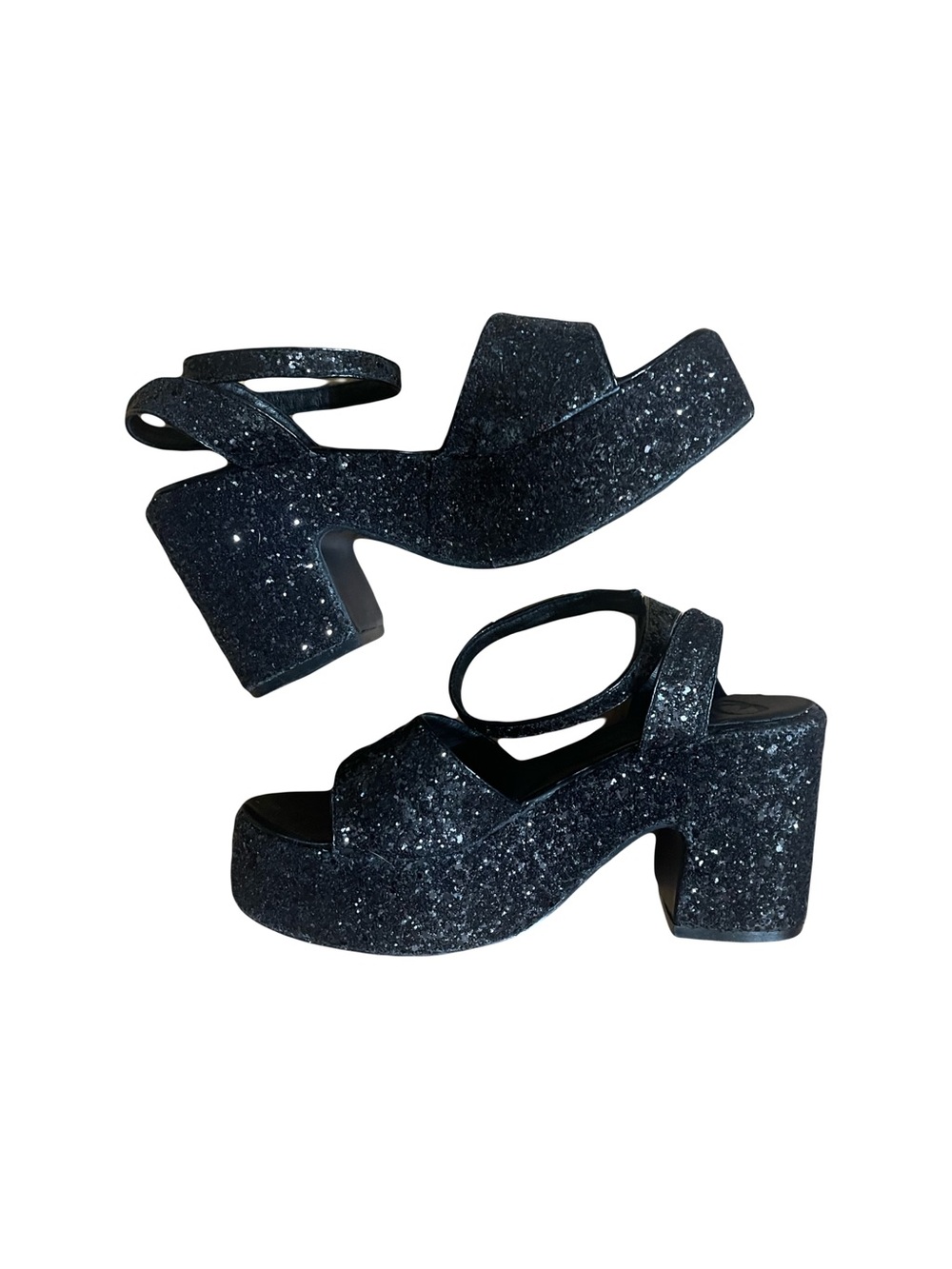 Black Glitter Platform Block Heel Sandals - Women's